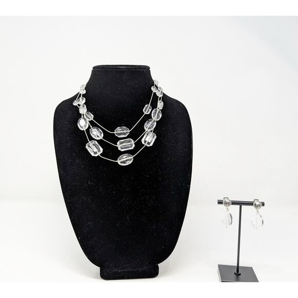 Robert Rose Jewelry - Robert Rose Necklace Earrings Set Clear Silver Tone Acrylic Multi Strand Clip On